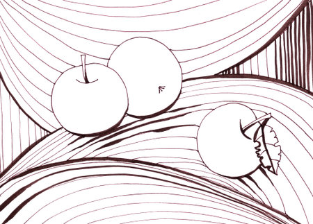 graphic black and white drawing three apples on a striped textured backgroundの写真素材