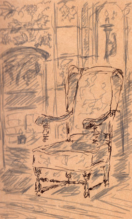 graphic drawing of an old armchair with armrests on the background of tapestries on textured brown paperの写真素材
