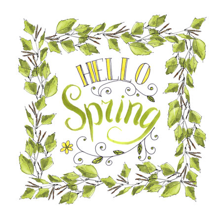 Hello spring lettering in a frame of birch leavesの写真素材