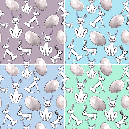 set of seamless easter patterns with white rabbits and eggsの写真素材