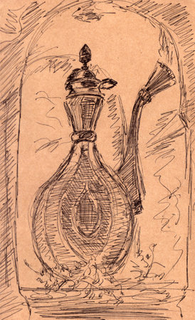 graphic drawing vintage jug on a texture brown backgroundの写真素材