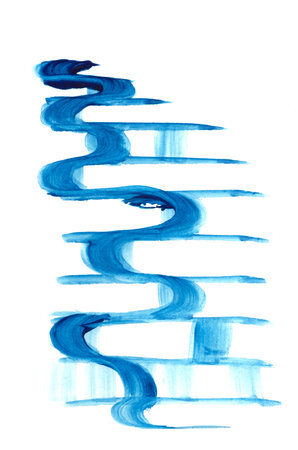 abstract watercolor texture of wavy and straight blue lines backgroundの写真素材
