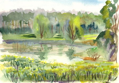 watercolor drawing spring summer landscape with a lake on a white backgroundの写真素材