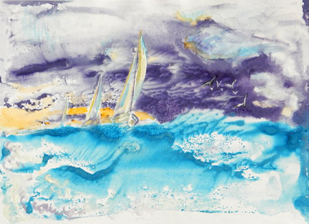 Watercolor abstract full color drawing. Yachts during a regatta between surging waves and a stormy sky.の写真素材