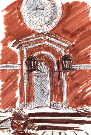 graphic color drawing Norway church gate with lanterns on the sides on a white backgroundの写真素材