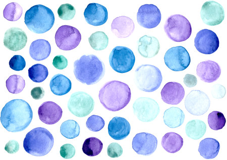 abstract textural watercolor pattern of multicolored blue green purple circles on a white backgroundの写真素材
