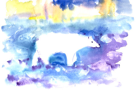 watercolor drawing polar bear in ice on aurora backgroundの写真素材