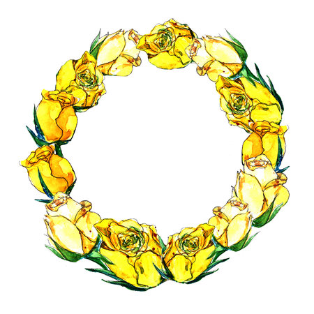 wreath of watercolor yellow roses on a white backgroundの写真素材