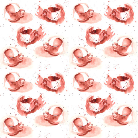 watercolor seamless pattern from an empty white cup and white cup of coffee or tea with splashes and place for text. monochrome drawingの写真素材