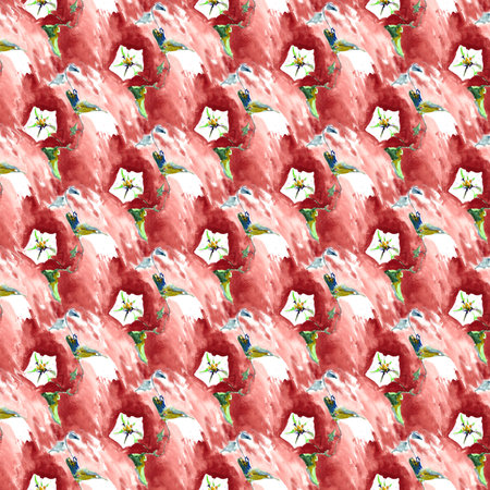 white bindweed pattern with leaves on a green stem on a red background. watercolor drawingの写真素材