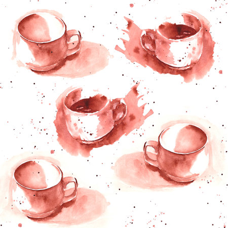 watercolor seamless pattern from an empty white cup and white cup of coffee or tea with splashes and place for text. monochrome drawingの写真素材