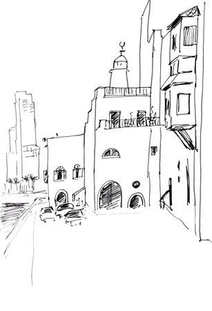 travel sketch black and white graphic drawing. Embankment In Jaffa, Tel Aviv, Israelの写真素材