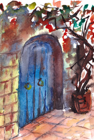 watercolor textured antique blue door in a stone wall. High quality photoの写真素材