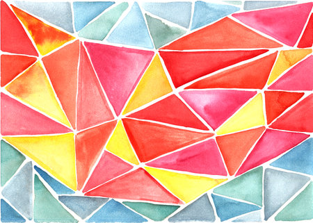 abstract watercolor multicolor background of red, yellow, light blue triangles, seamless patternの写真素材