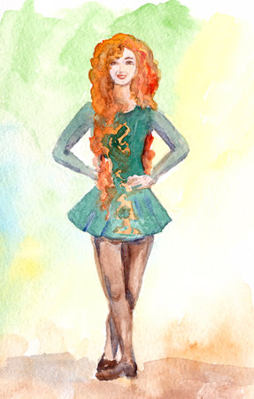 girl in a green dress dancing an Irish dance on St. Patrick's Day. High quality illustrationの写真素材