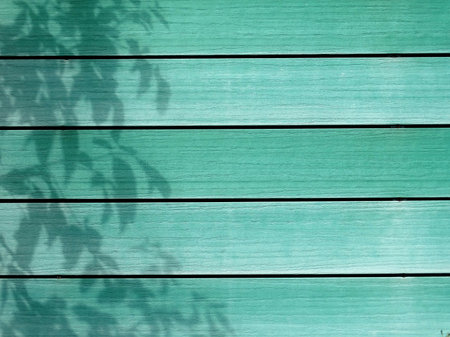 abstract wooden wall of turquoise mint boards with a wood pattern and shadow of tree leavesの写真素材