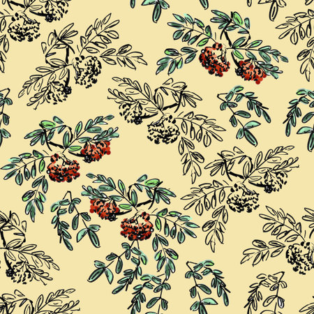 seamless pattern of rowan branch with autumn leaves and ash berries, graphic pattern, botanical sketch, set of colored and black and white illustrations on a yellow background. High quality illustrationの写真素材
