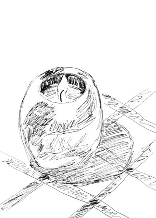 burning candle in candlestick on a checkered tablecloth, graphic black and white pattern. High quality illustrationの写真素材