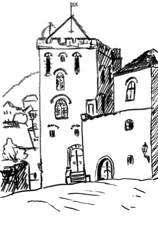 Rosenkrantztower fortress in the city of Bergen in Norway, graphic black and white pattern, travel sketch. High quality illustrationの写真素材