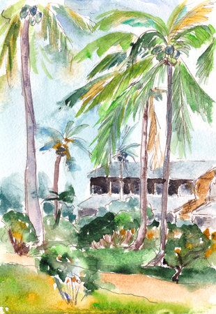 Palm trees and bungalows on a tropical island, watercolor travel sketch. High quality illustrationの写真素材