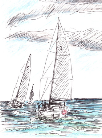 sailing yachts at sea regatta time, graphic watercolor drawing. High quality illustrationの写真素材
