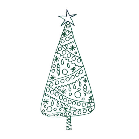 christmas tree with patterns, graphic linear drawing on white background. High quality illustrationの写真素材