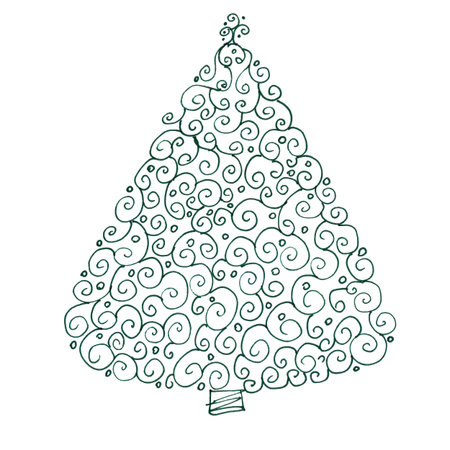 christmas tree with patterns, graphic linear drawing on white background. High quality illustrationの写真素材