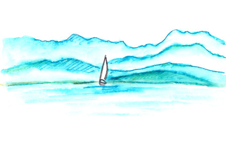 sailing yacht on a mountainous seashore background, graphic black-white linear drawing on a white background, copy space. High quality illustrationの写真素材