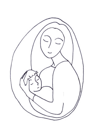 Madonna and child, christmas, graphic concept black and white drawing on white background. High quality illustrationの写真素材