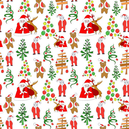 Christmas seamless pattern with Santa, trees and other characters, graphic linear color drawing on white backgroundの写真素材