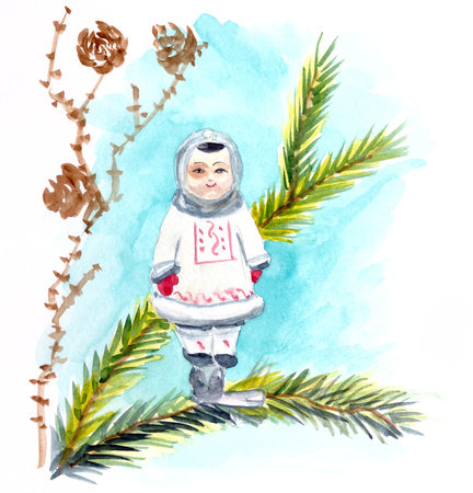Vintage Christmas tree toy Eskimo boy and larch cones, watercolor drawing on white background. High quality illustrationの写真素材
