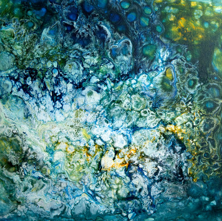 Abstract textural turquoise blue yellow white liquid fluid acrylic background