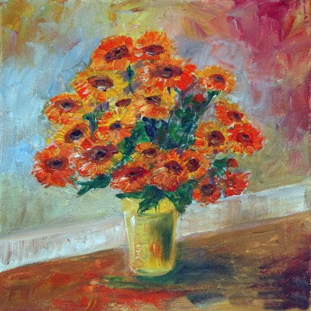 Bouquet of orange marigold flowers in a yellow vase on a colorful background, oil painting. High quality illustrationの写真素材