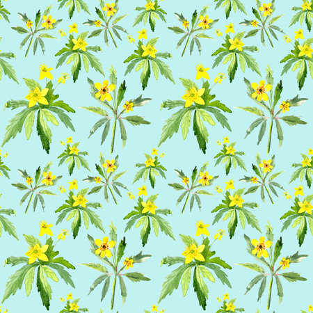 Seamless pattern with watercolor yellow spring flowers on turquoise background. High quality illustrationの写真素材