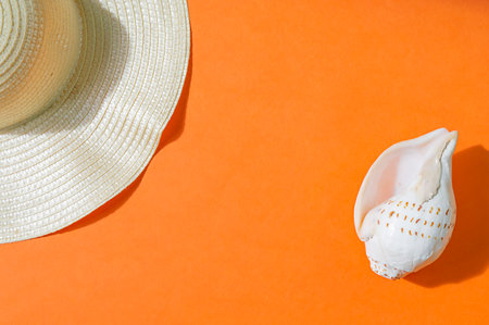 Beach accessories on orange background top view, copy space.