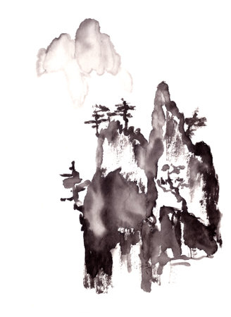 Pine tree on the rock monochrome black and white chinese style ink drawing. High quality illustrationの写真素材