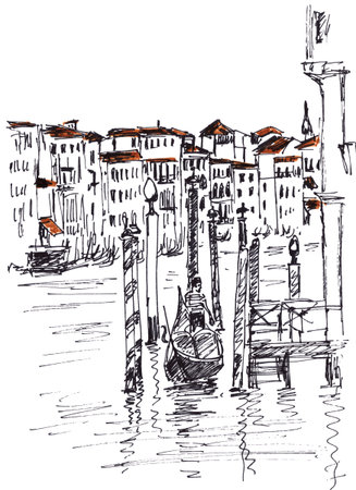 Venice, Grand canal, graphic black and white linear drawing, travel sketch. High quality illustrationの写真素材
