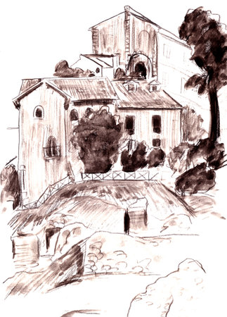 Italy Rome old houses near theater of Marcellus, travel sketch, graphic drawing. high quality illustrationの写真素材