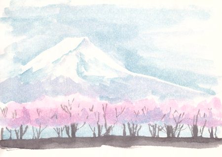 Watercolor landscape Mount Fuji and cherry blossoms. high quality illustrationの写真素材