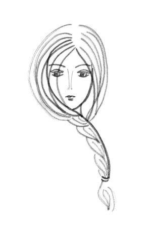 young girl with a long braid, black and white graphic drawing. high quality illustrationの写真素材