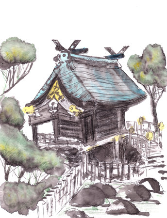 Japanese Shinto shrine, ink and watercolor drawingの写真素材