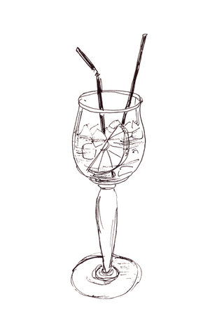a glass with a cocktail, ice, a circle of orange and a straw, a graphic drawing on a white backgroundの写真素材