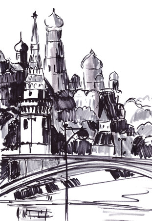 Moscow Kremlin view, black and white travel sketchの写真素材