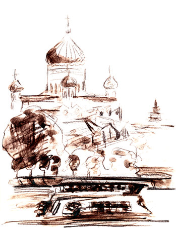 Moscow cityscape, Cathedral of Christ the Savior, black and white travel sketchの写真素材