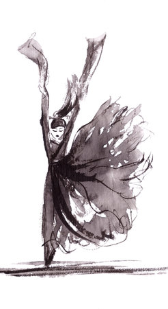 Chinese dancer, Chinese style ink painting on rice paper. high quality photoの写真素材