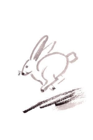 running hare, brush drawing on rice paperの写真素材