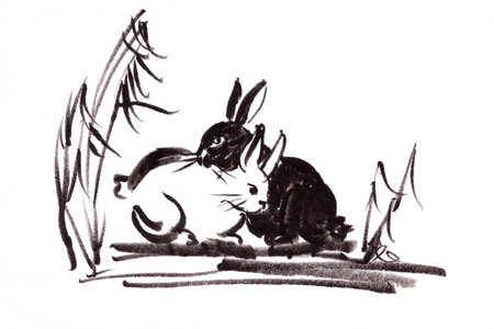 rabbits among the grass, ink painting on rice paper. high quality illustrationの写真素材
