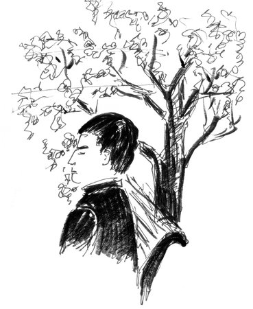 man on a bench under a tree, graphic black and white drawing. high quality illustrationの写真素材
