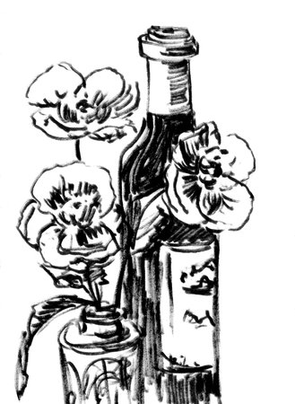 bottle of wine and flowers, graphic black and white monochrome drawing. high quality illustrationの写真素材