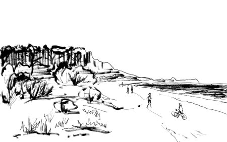 seashore with dunes and people, graphic black and white drawing. high quality illustrationの写真素材
